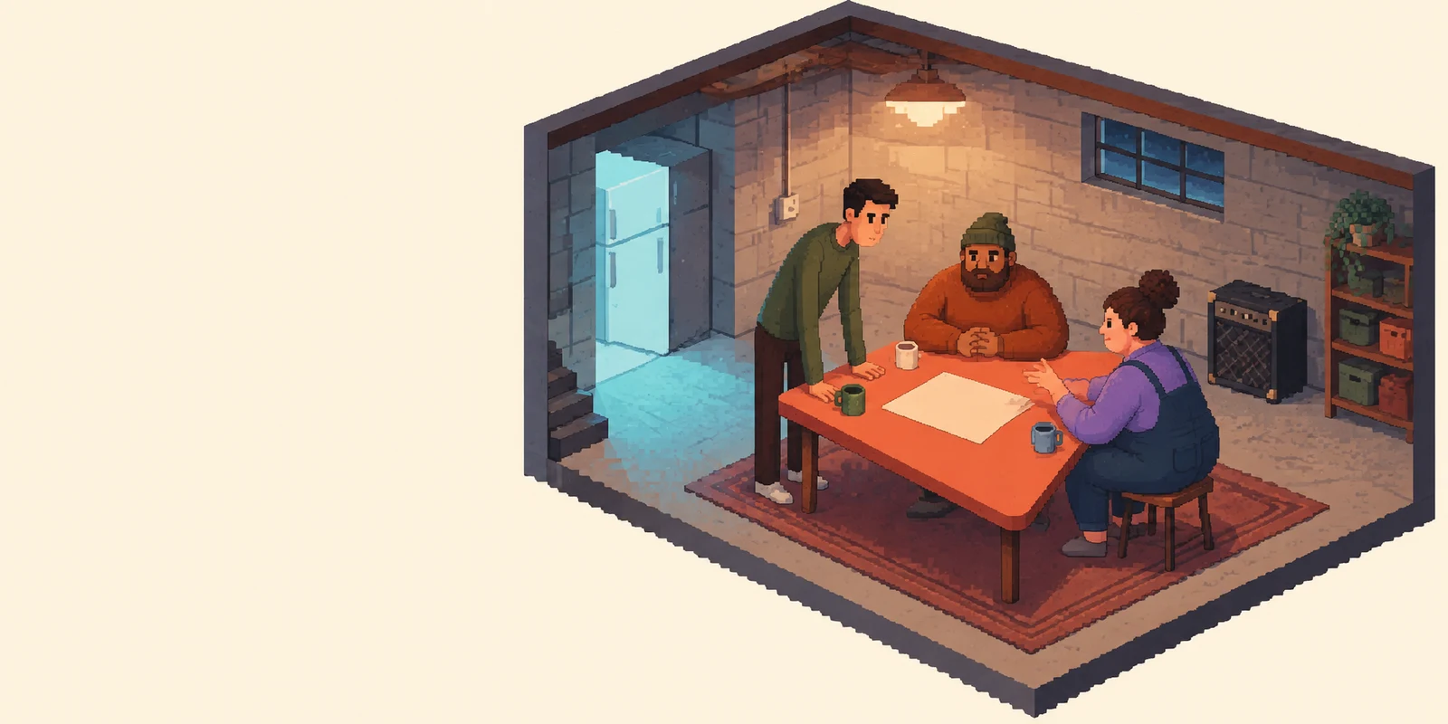 An isometric cutaway room sits right of centre on a warm cream background, with three people gathered around a coral table and a blank sheet.