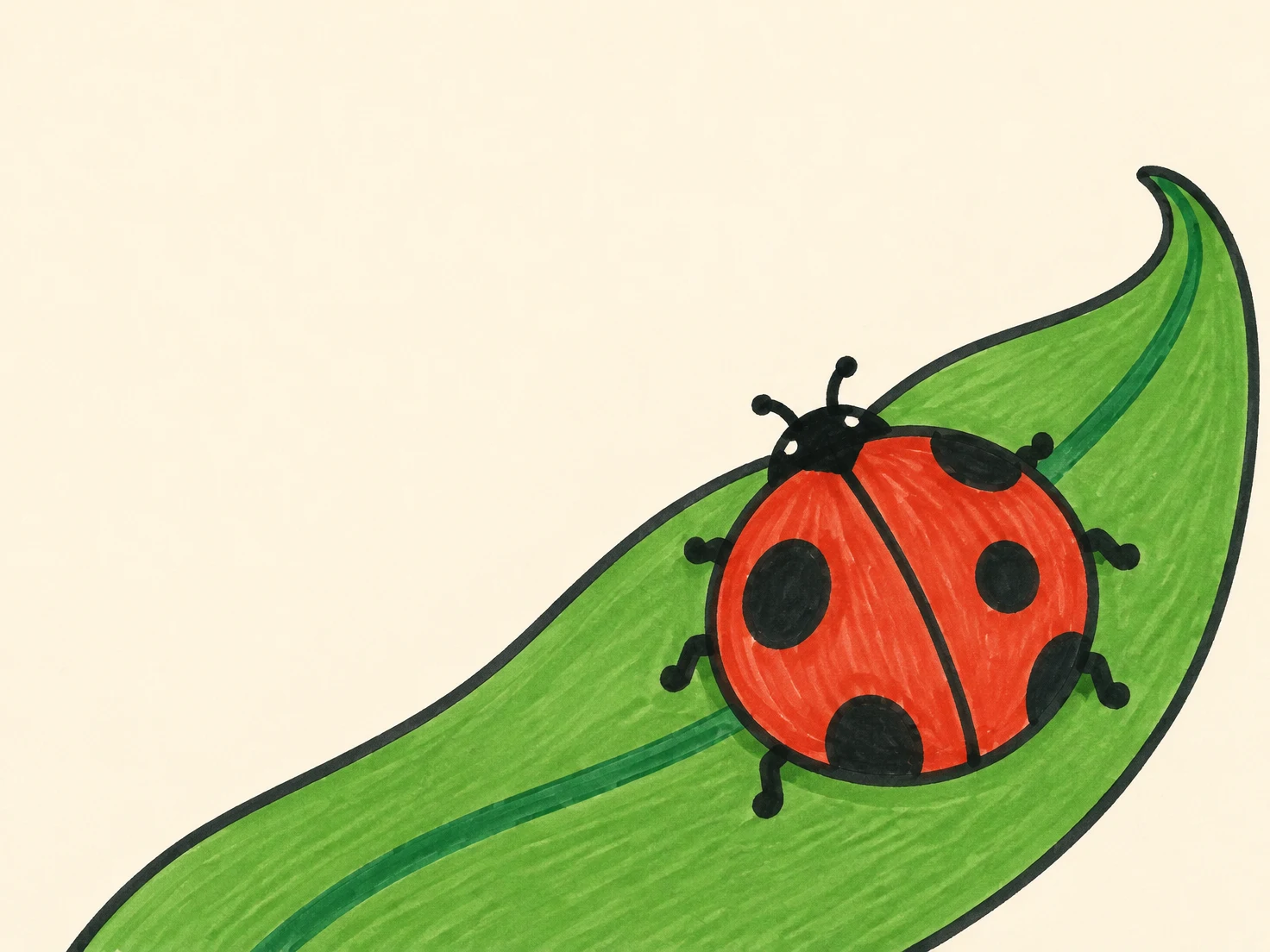 A large red-and-black ladybird clings to a broad green leaf that curves diagonally across a warm cream background, leaving open space in the upper-left.
