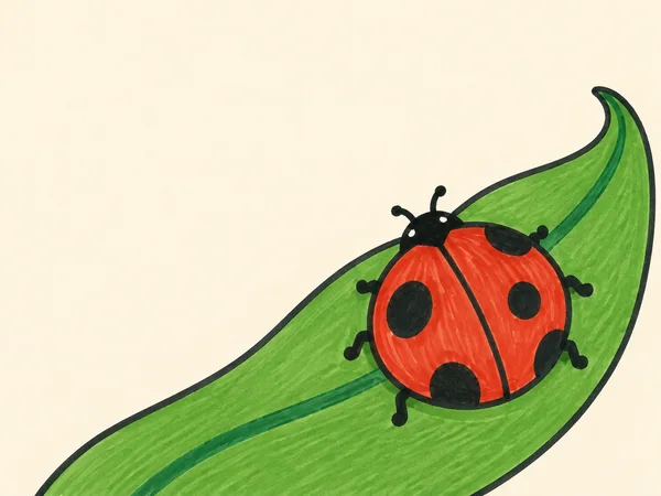 A large red-and-black ladybird clings to a broad green leaf that curves diagonally across a warm cream background, leaving open space in the upper-left.