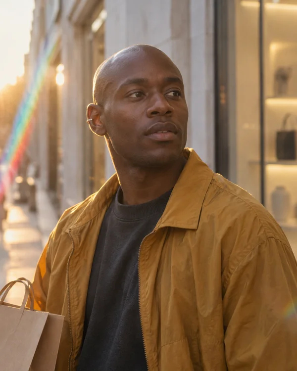 A man with deep brown skin, a shaved head and a silver ear cuff stands outside a softly blurred boutique window, wearing an ochre jacket over a charcoal top…