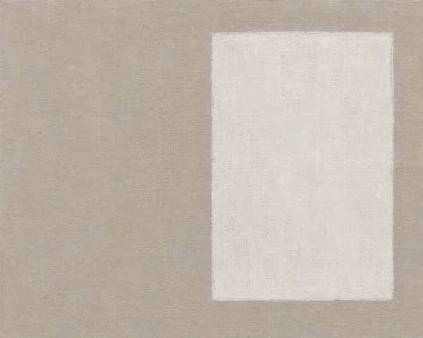 A chalk-white, softly edged rectangle sits right of centre on a textured warm flax-grey ground, with broad open space to the left.