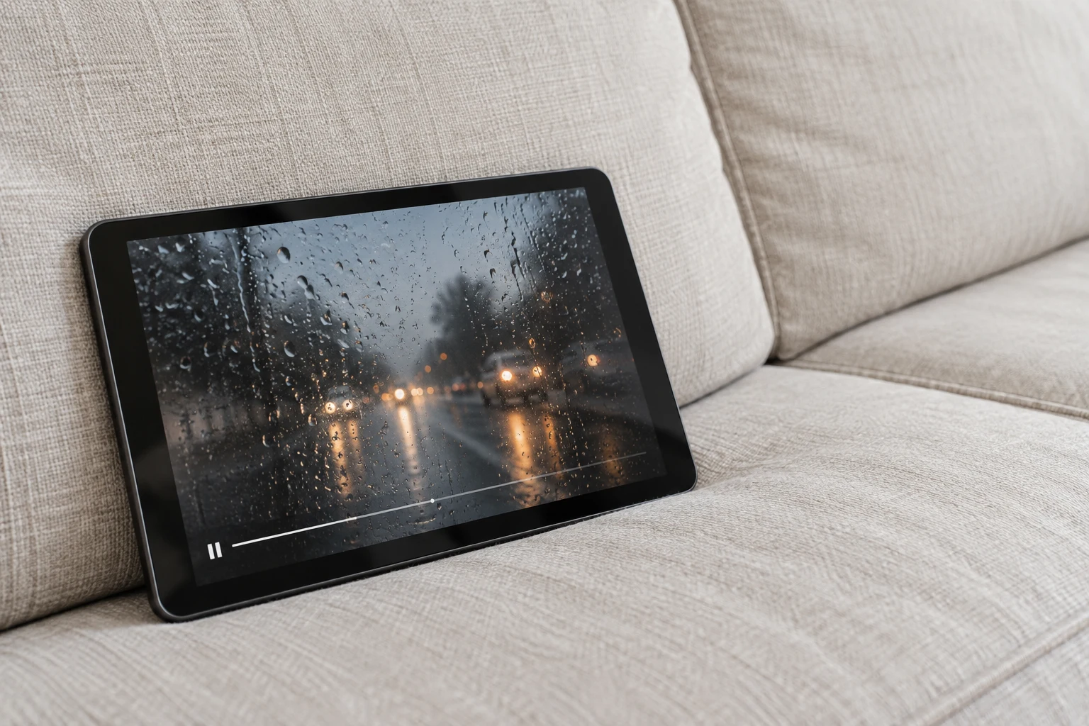 A black tablet rests at an angle between oatmeal-colored sofa cushions, playing a rainy street scene with blurred amber headlights and simple playback…