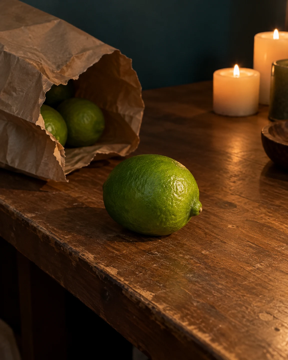 A green lime sits on a worn wooden kitchen table in front of a torn brown paper bag holding two more limes.