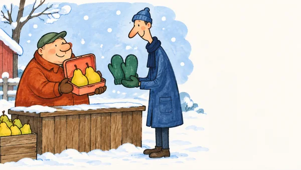 A squat pear seller in a rust coat presents an open coral box holding two yellow pears to a tall neighbour in a blue coat, who offers two green mittens across…