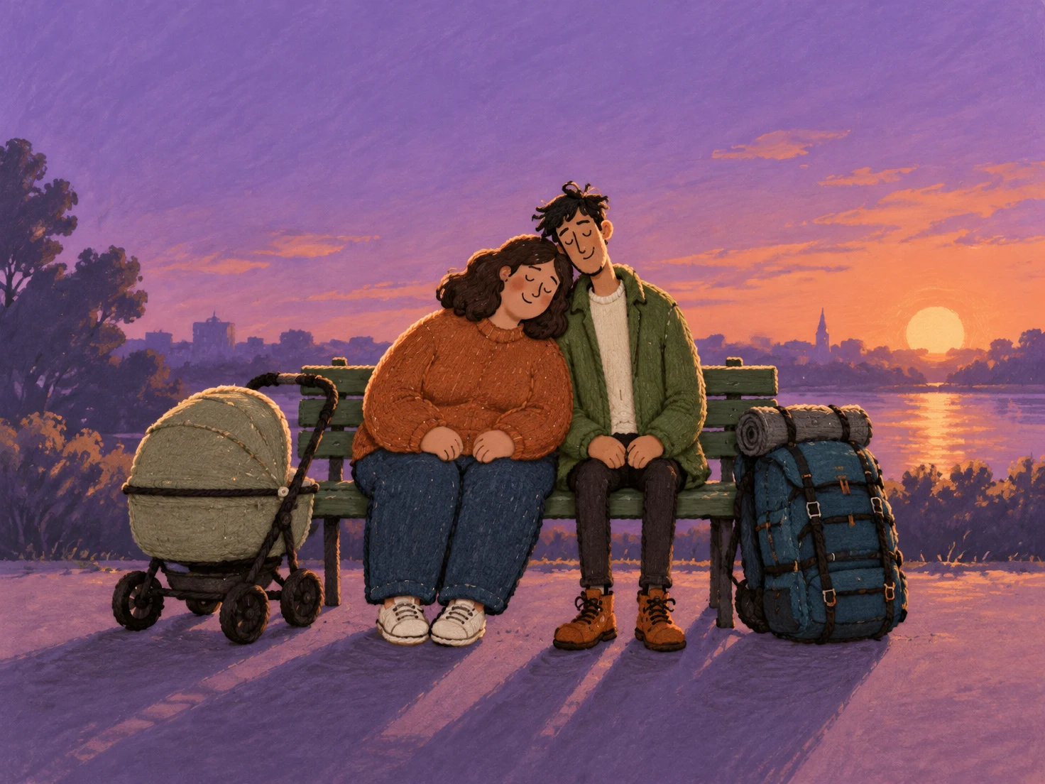 Two adults sit shoulder to shoulder on a green park bench at sunset, with a closed-canopy stroller beside the person on the left and a large blue backpack…