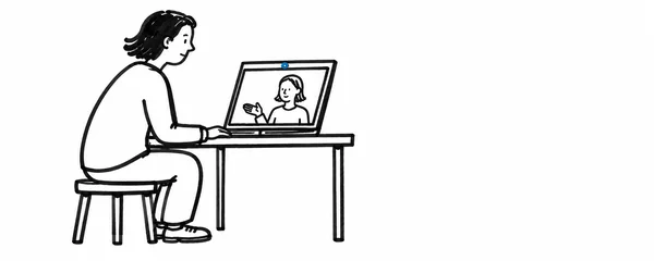 A short-haired adult sits on a stool at a desk, facing a laptop with a small instructor figure on screen; a blue dot marks the laptop, and open white space…