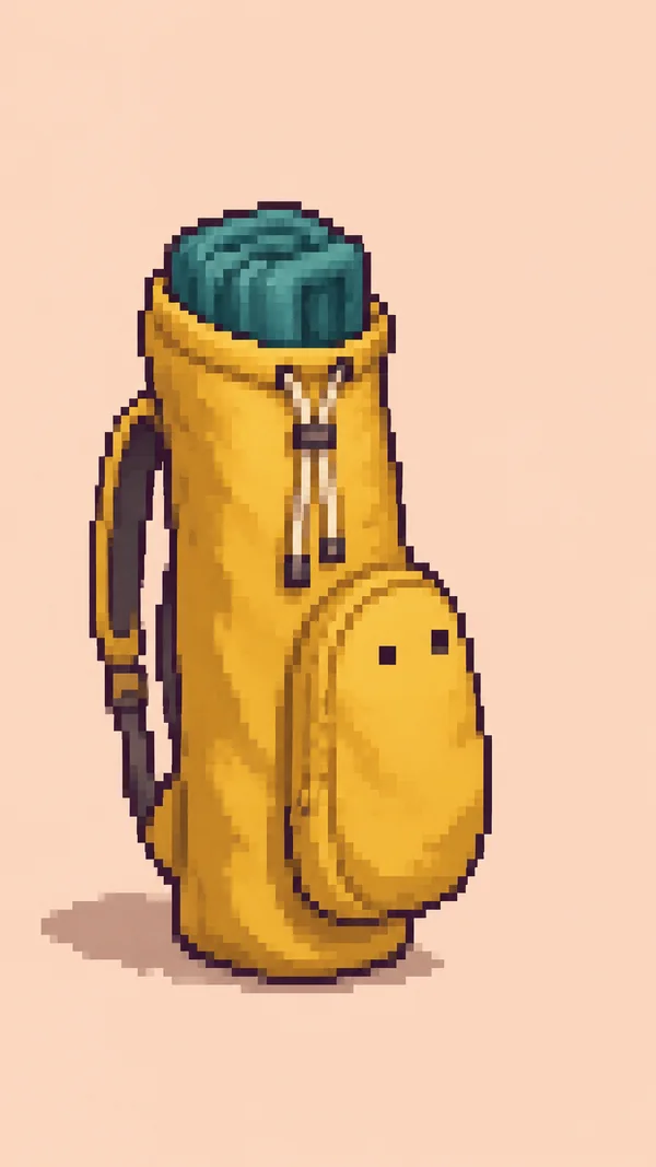 A tall mustard-yellow pixel-art backpack stands against a pale peach background, with an oversized rounded front pocket bearing two dark square eyes.