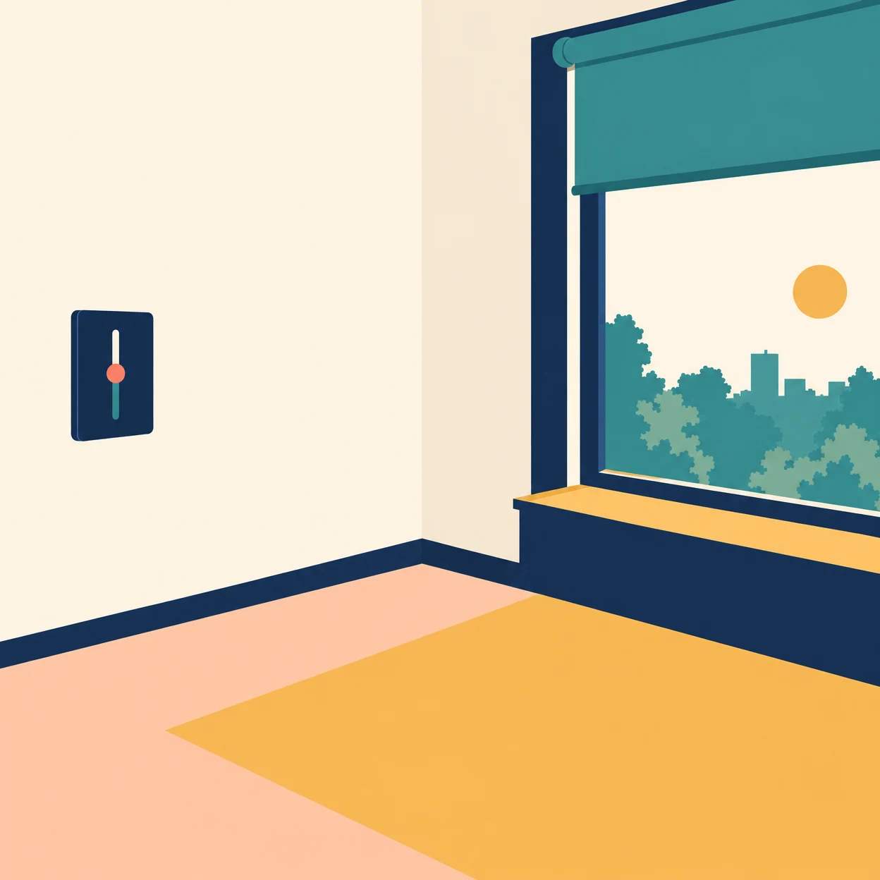 A navy wall-mounted touchscreen with a coral slider sits beside a tall window with a partially lowered teal blind.