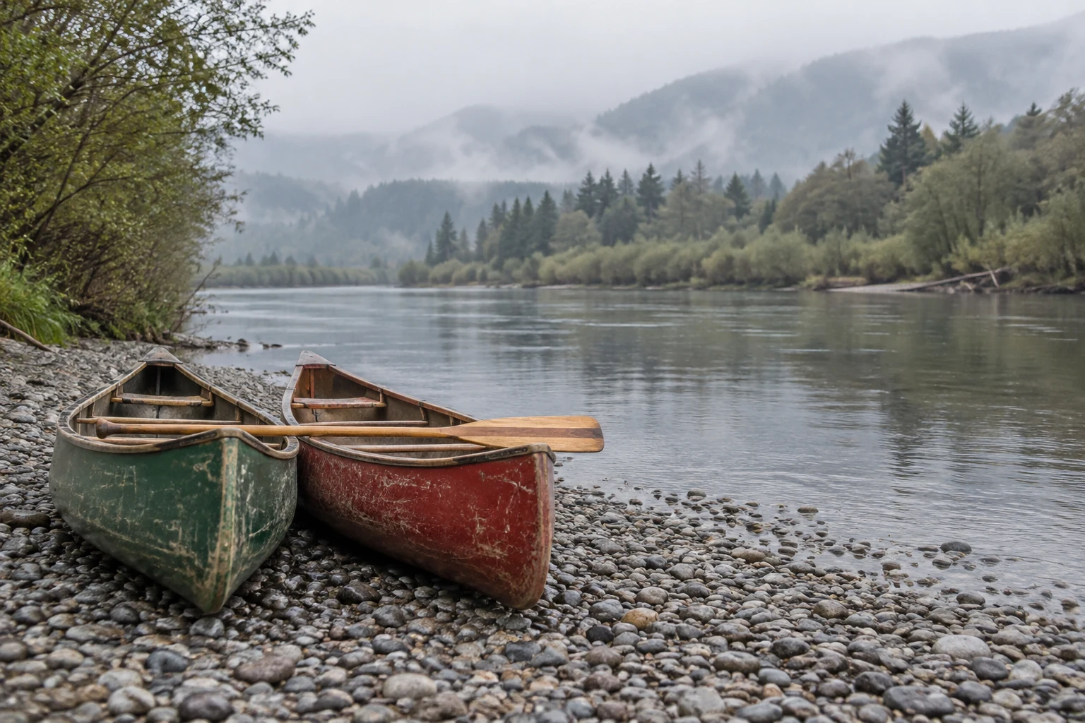 Two weathered green and faded red canoes rest together on a pebbly riverbank, with a wooden paddle laid across them.