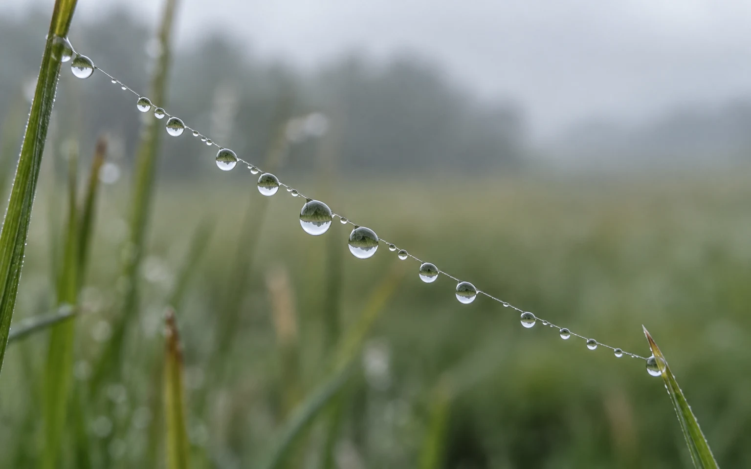 A fine spider-silk strand runs diagonally between two grass blades, carrying clear dewdrops that reflect the blurred grey-green meadow; the droplets are sharp…