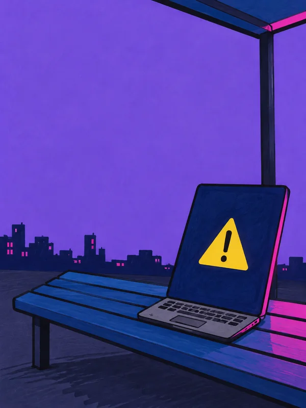 A large open laptop with a yellow warning symbol sits on a blue bench beneath a bus-shelter roof, against a violet dusk sky and dark city skyline.