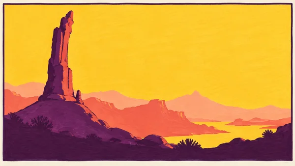 A tall coral rock spire rises from a dark violet hill on the left, overlooking layered coral and peach hills and a strip of water beneath a broad golden-yellow…