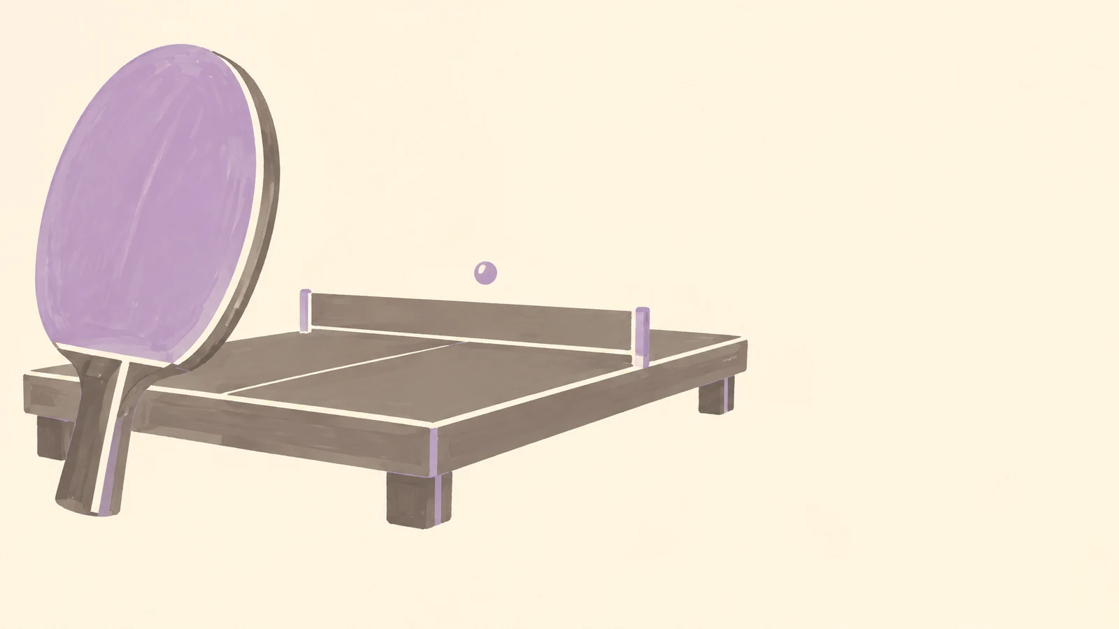 A very large lilac-faced table-tennis paddle leans against the near end of a low taupe table, with a simple net and a small ball above it; the objects sit…