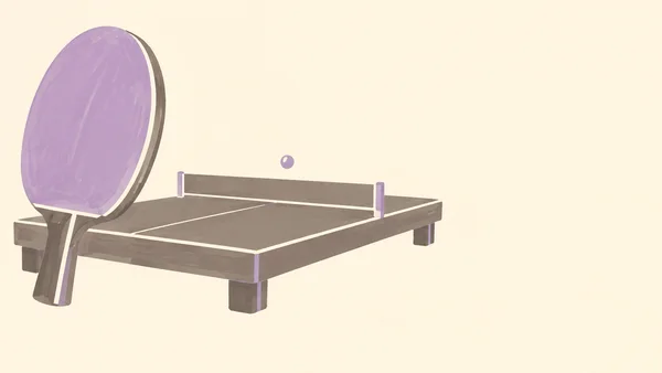 A very large lilac-faced table-tennis paddle leans against the near end of a low taupe table, with a simple net and a small ball above it; the objects sit…