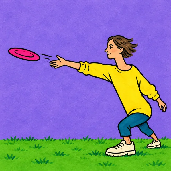 A woman in a yellow sweatshirt and teal trousers leans forward on a bright green lawn, reaching toward a hot-pink flying disc against a violet background.