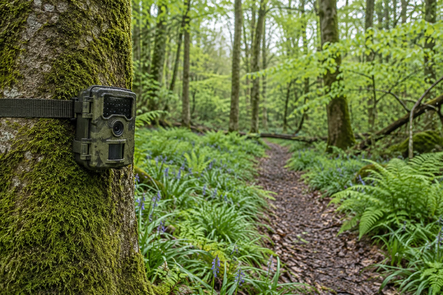 A green-brown wildlife camera trap is strapped to a moss-covered tree beside a narrow woodland path, surrounded by ferns, leafy groundcover and young green…