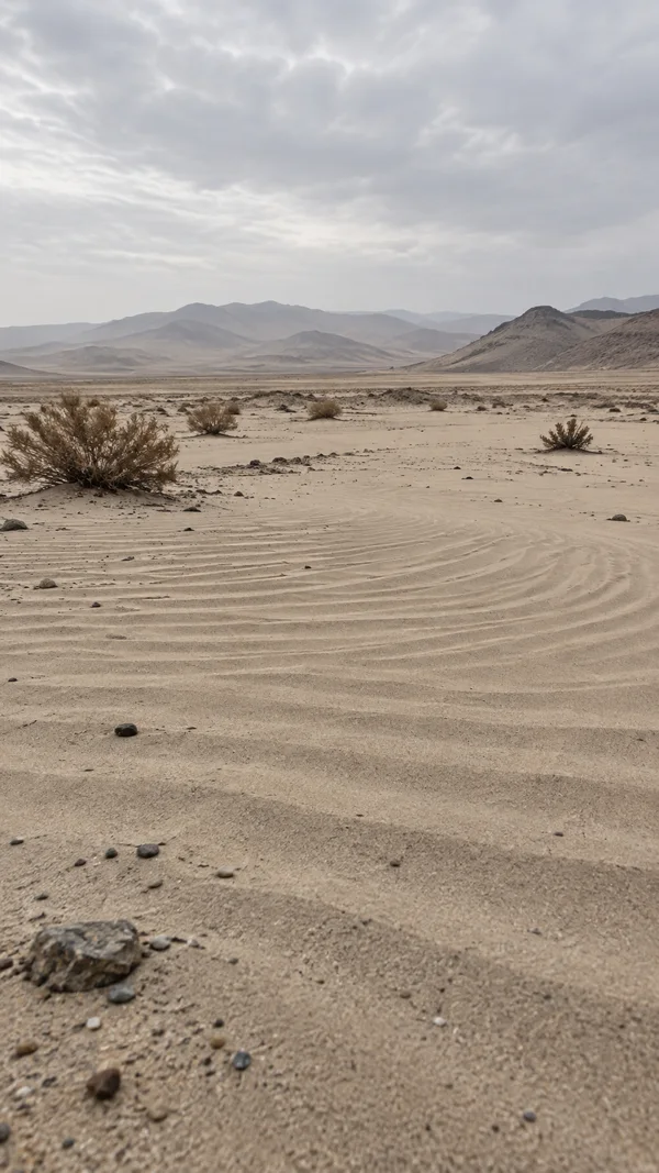 A vertical desert landscape with broad curved wind ripples across pale sand, scattered pebbles and dry shrubs, and layered muted hills beneath a cloudy grey…
