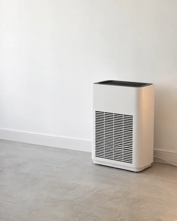 A white rectangular air purifier stands against a chalk-white wall above a pale grey floor, with its dark top intake and front vent grille visible.