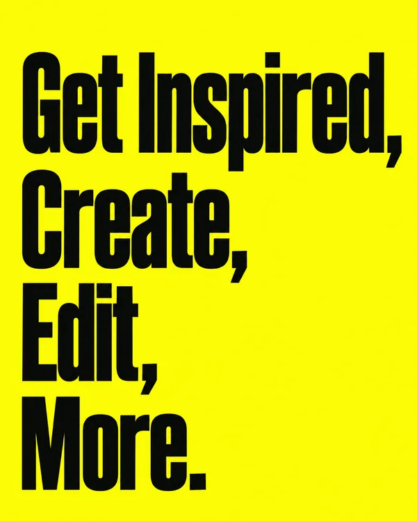 A portrait typographic graphic with oversized black condensed lettering on a vivid yellow background, arranged in four left-aligned lines: “Get Inspired,”…