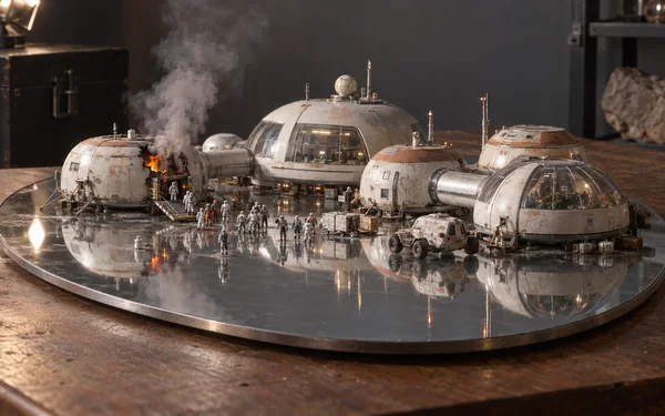 A detailed miniature space settlement sits on a large reflective oval platform atop a wooden table.