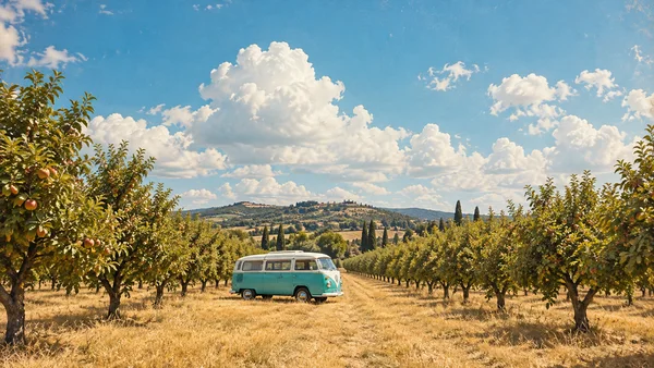 A turquoise-and-white vintage camper van sits in a golden-grass aisle between rows of fruit trees bearing apples, beneath a blue sky filled with white clouds…