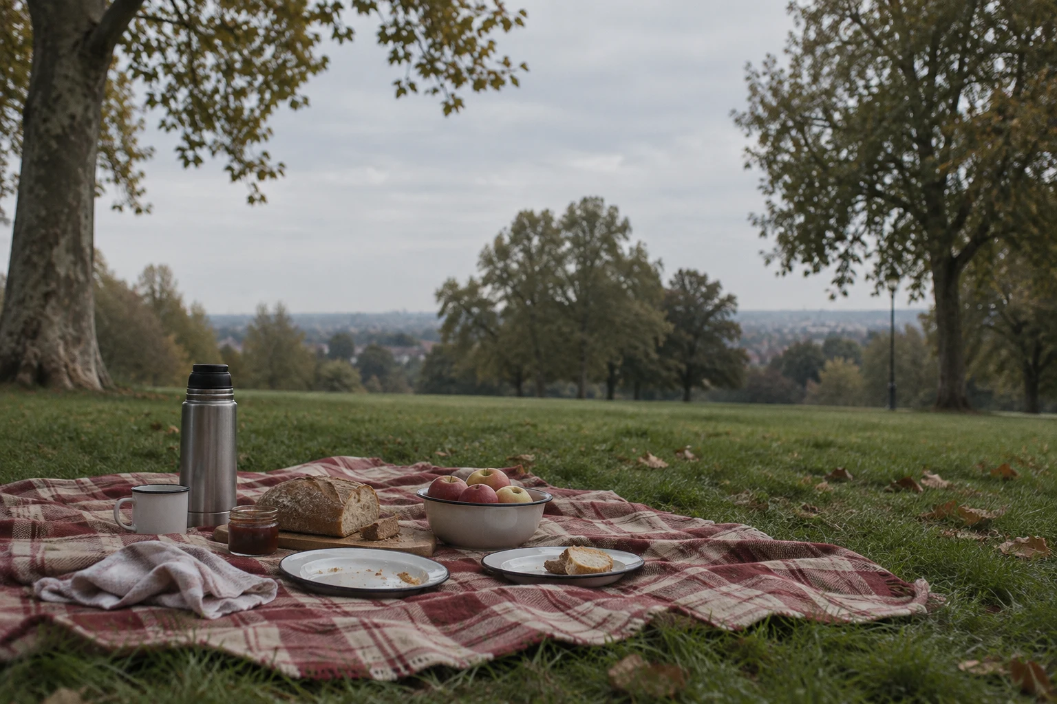 A red-and-cream checked picnic blanket with enamel plates, a steel thermos, a mug, bread, a bowl of apples, a small jar and a cloth lies on grass in a…