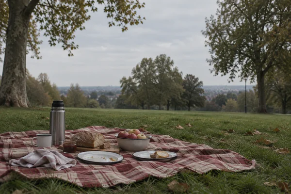 A red-and-cream checked picnic blanket with enamel plates, a steel thermos, a mug, bread, a bowl of apples, a small jar and a cloth lies on grass in a…