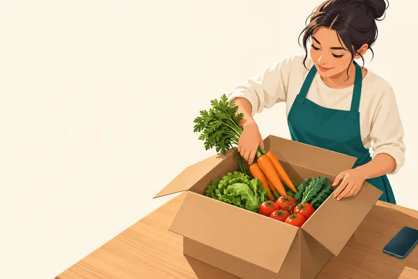 A young woman in a teal apron leans over an open cardboard box filled with carrots, leafy greens and tomatoes, holding a bunch of carrots above it.