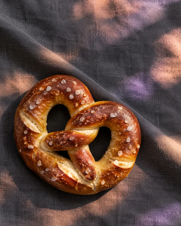 An oversized golden-brown salted pretzel rests on charcoal textured fabric beneath peach and lilac patches of light, with a diagonal fold and a dark shadow.
