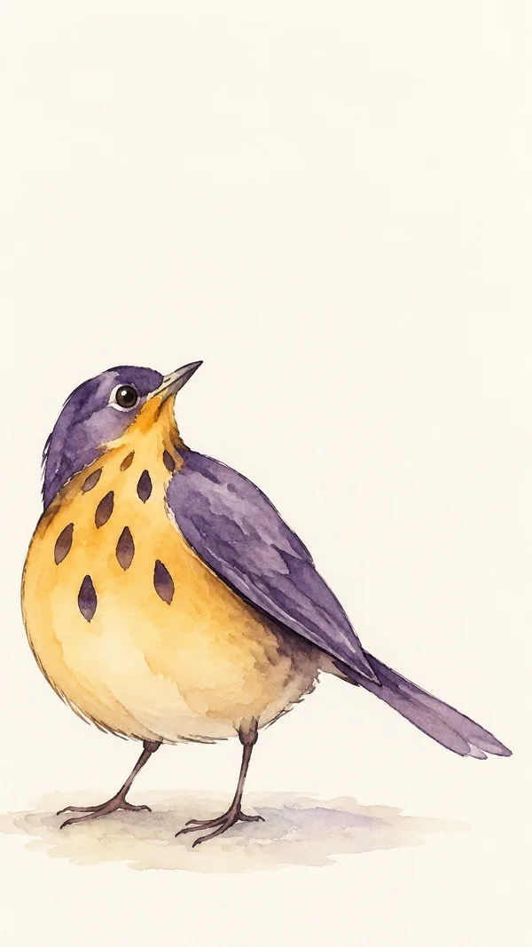 A large watercolor bird with a violet head, back, wing and tail stands on a pale wash against warm ivory paper.