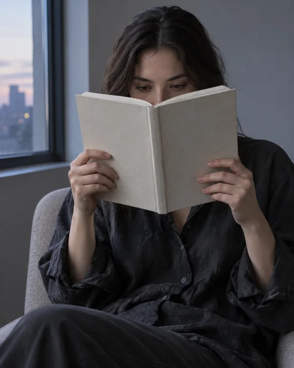 An adult reader in a loose charcoal shirt sits in a grey upholstered chair, holding a blank oatmeal-coloured book in front of the lower face beside a window…