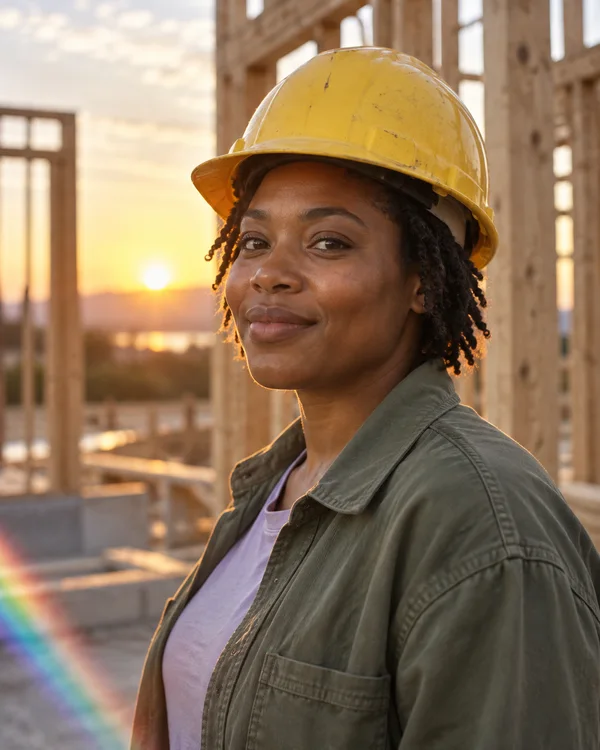 A woman in a yellow hard hat, olive jacket and lilac shirt smiles toward the camera at a timber-framed building site, with sunset light behind her and a…