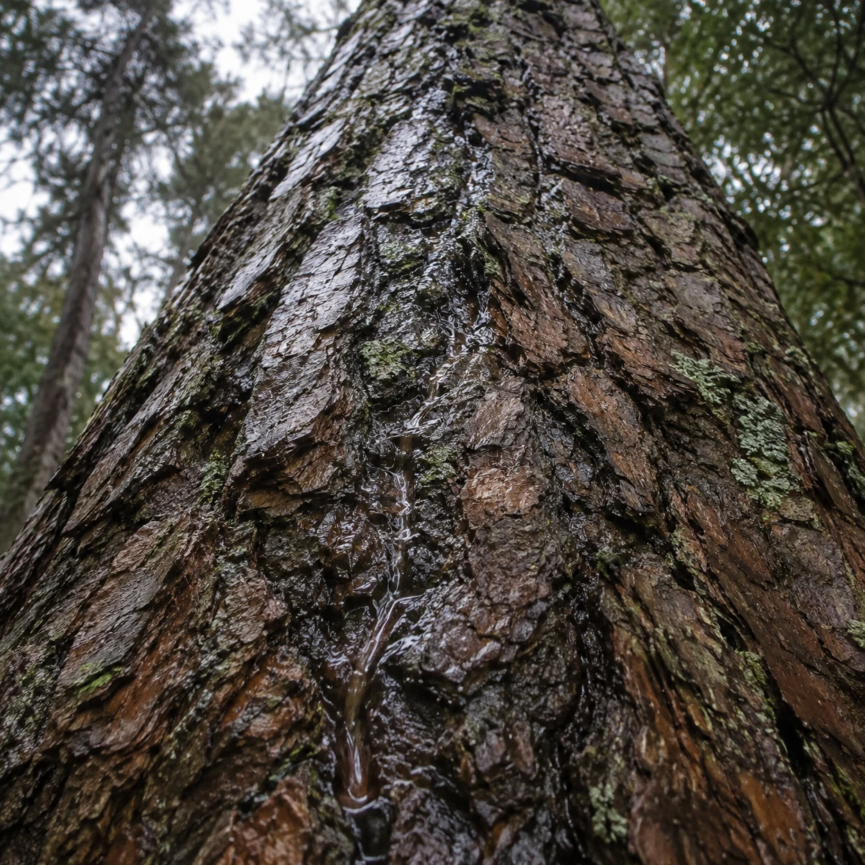 Low-angle close-up of deeply furrowed, rain-darkened tree bark, with water glistening in the fissures and blurred woodland foliage at the edges.