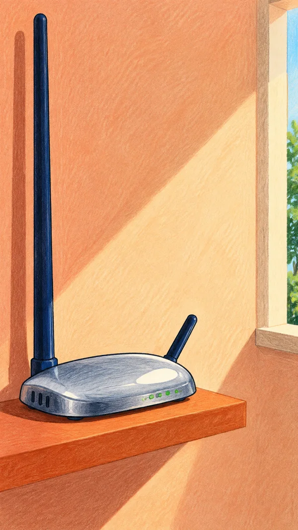 A silver wireless router with one very tall navy antenna and one short angled antenna sits on a terracotta shelf against a peach wall.