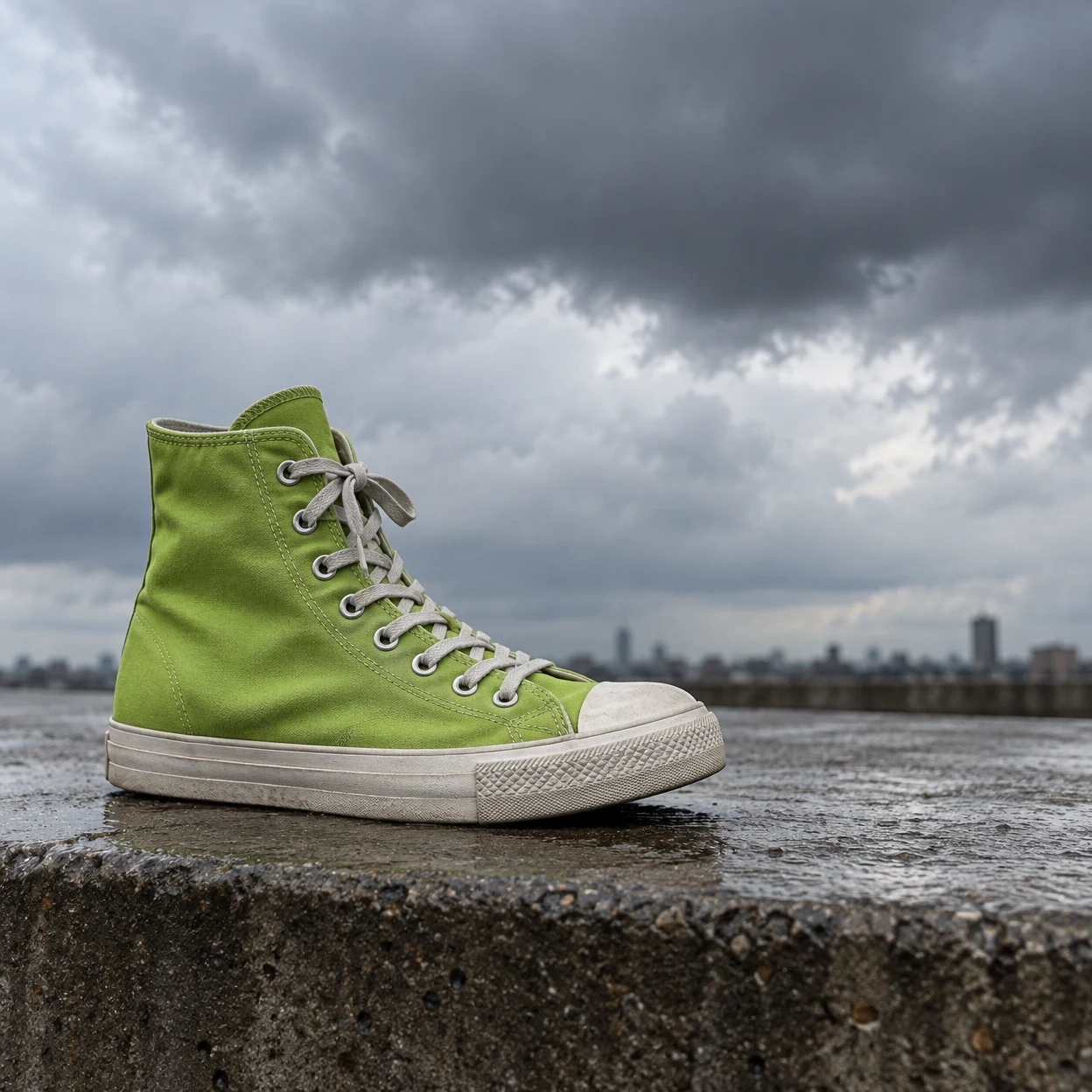 A lime-green canvas high-top sneaker with pale laces and an off-white rubber sole stands on a wet concrete ledge, with a distant low skyline beneath dark grey…