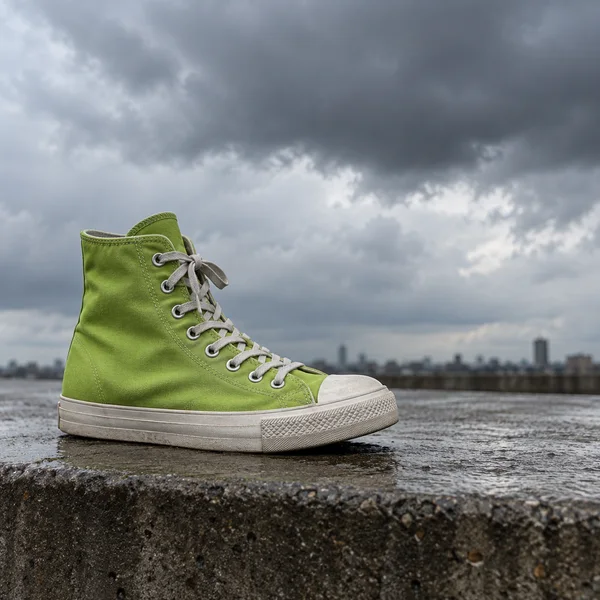 A lime-green canvas high-top sneaker with pale laces and an off-white rubber sole stands on a wet concrete ledge, with a distant low skyline beneath dark grey…