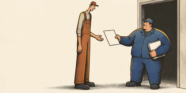 A tall worker in rust overalls reaches toward a blank leaflet offered by a broad worker in blue coveralls, who holds a stack of papers in front of a dark…