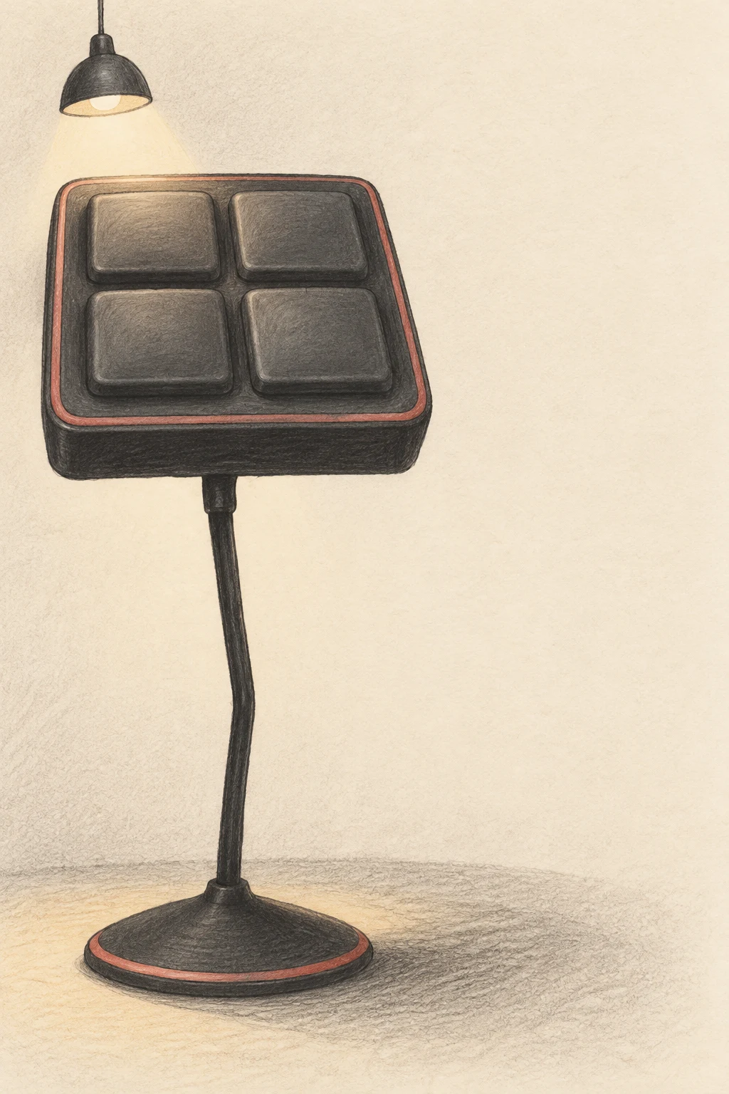 A charcoal four-pad electronic percussion controller sits on a slender, slightly crooked stand with a broad circular foot.