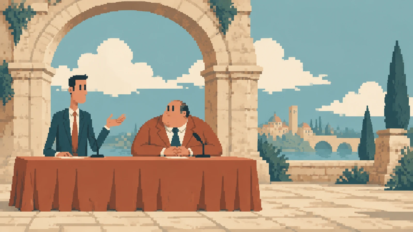 Two stylized candidates sit behind a terracotta-draped table in a stone courtyard.