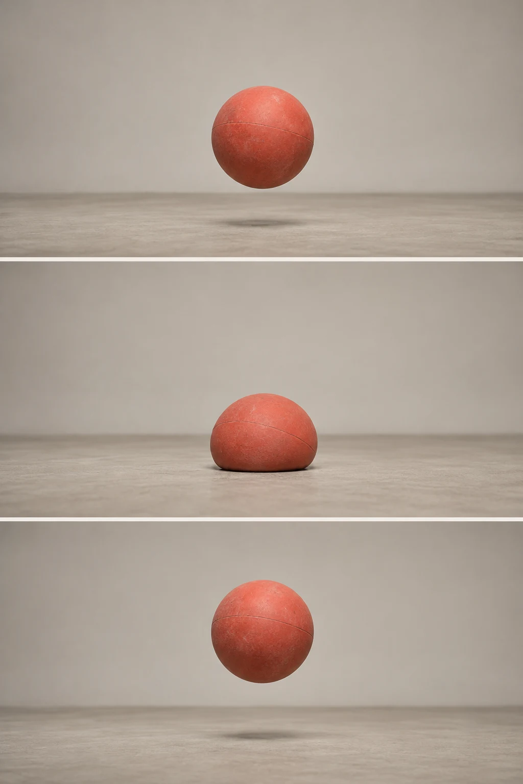 Three vertically stacked studio photographs show a worn coral-red rubber ball suspended just above a warm-grey floor, compressed against it, and rising again…