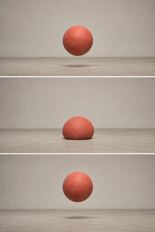 Three vertically stacked studio photographs show a worn coral-red rubber ball suspended just above a warm-grey floor, compressed against it, and rising again…