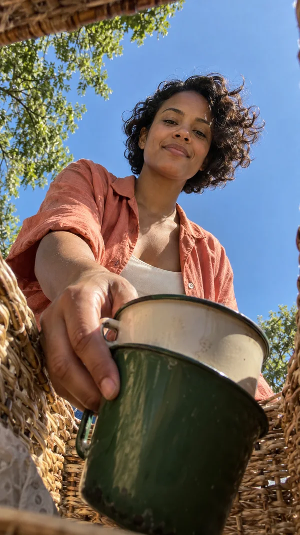 A curly-haired adult in a coral shirt leans over a wicker picnic basket, holding a large forest-green enamel cup with a cream cup nested inside; blue sky and…