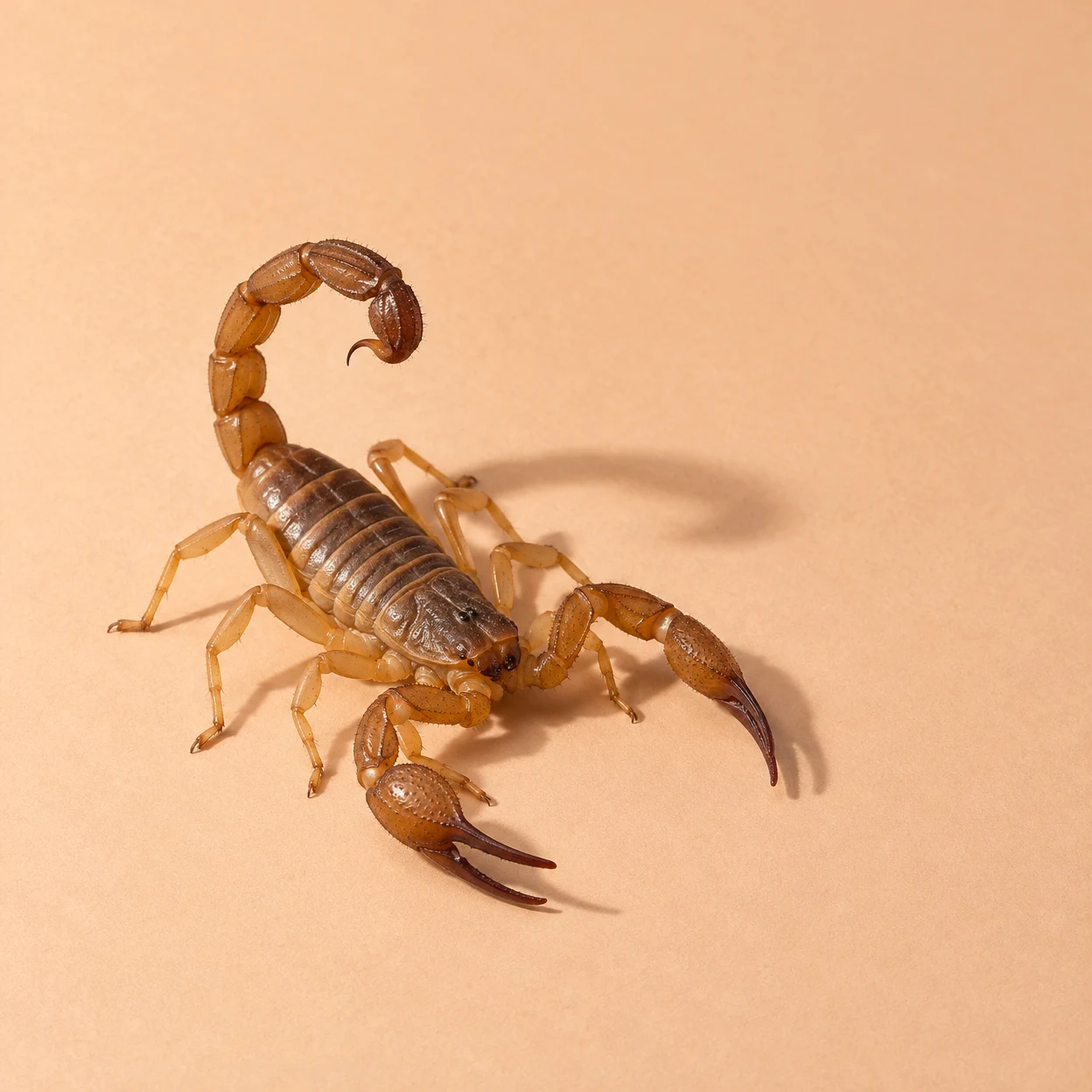 An amber-brown scorpion with raised, curled tail and large pincers stands on pale-apricot paper, casting a soft shadow to the right.