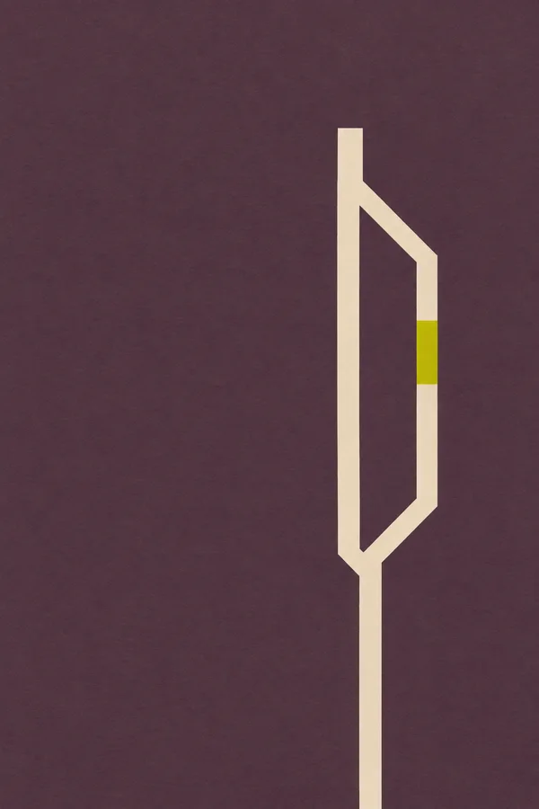A narrow bone-white angular band rises near the right side of a smoky-plum, paper-textured field, branching around a tall plum opening and rejoining near the…
