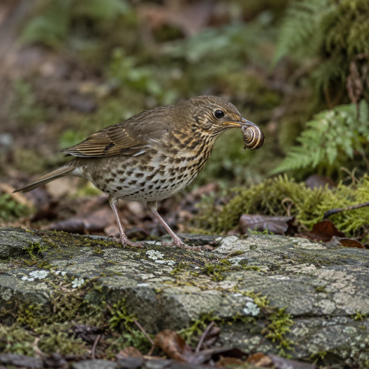 A speckled brown thrush stands on a lichen-covered stone, holding a banded snail in its bill against a softly blurred woodland background.