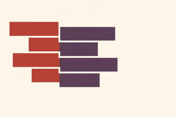 Four clay-red horizontal bars and four muted aubergine bars alternate across a pale cream background, forming a compact stepped geometric arrangement left of…