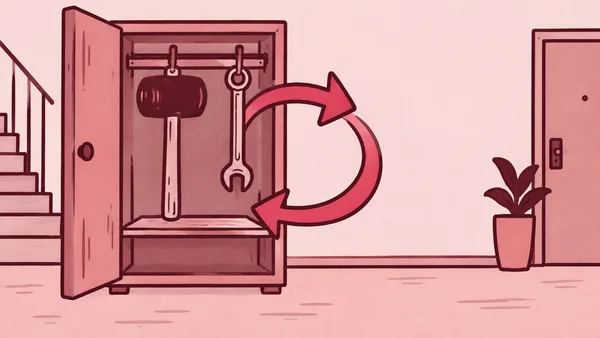An open dusty-pink communal tool cupboard stands in a residential corridor, with a large mallet and a long wrench hanging inside above a shelf; a broad rose…