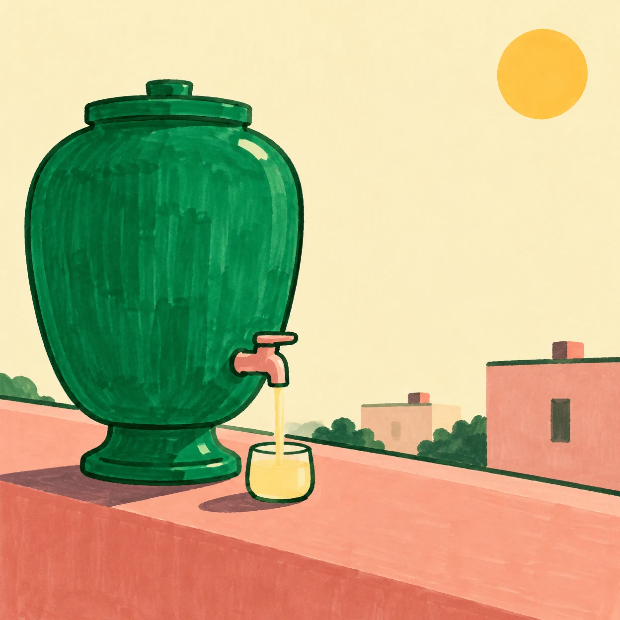 A large rounded emerald drink dispenser with a blush-colored tap pours a thin stream of pale yellow lemonade into a small glass on a sunlit rooftop parapet.
