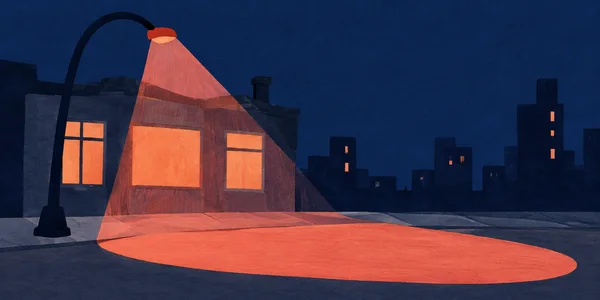 A tall curved navy streetlamp casts a broad salmon pool of light across a dusk pavement, in front of a dark city block with three large glowing windows and a…