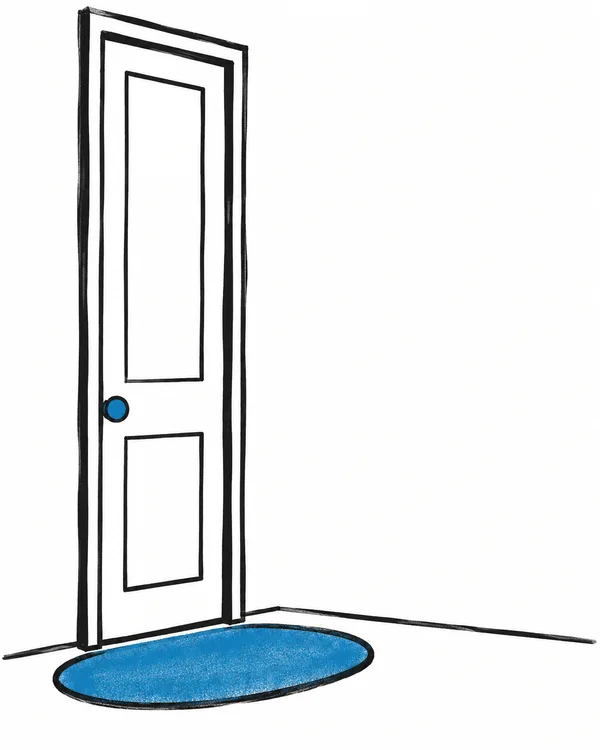 A tall, narrow paneled front door stands on the left of a sparse white entryway, with a small blue round knob and a broad blue oval doormat below; black marker…